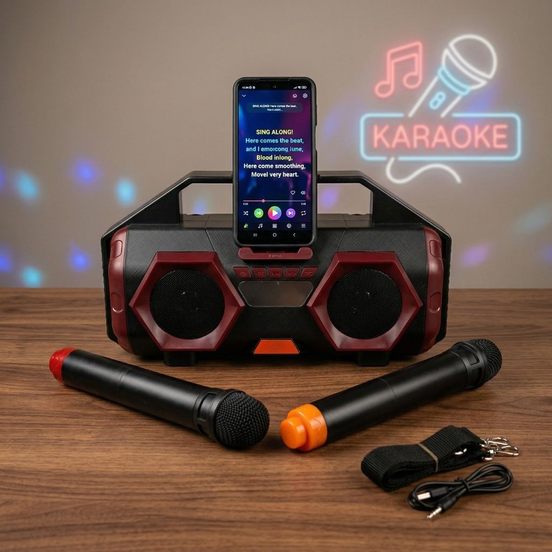 Çift Kablosuz Mikrofonlu Taşınabilir Bluetooth Karaoke Hoparlör