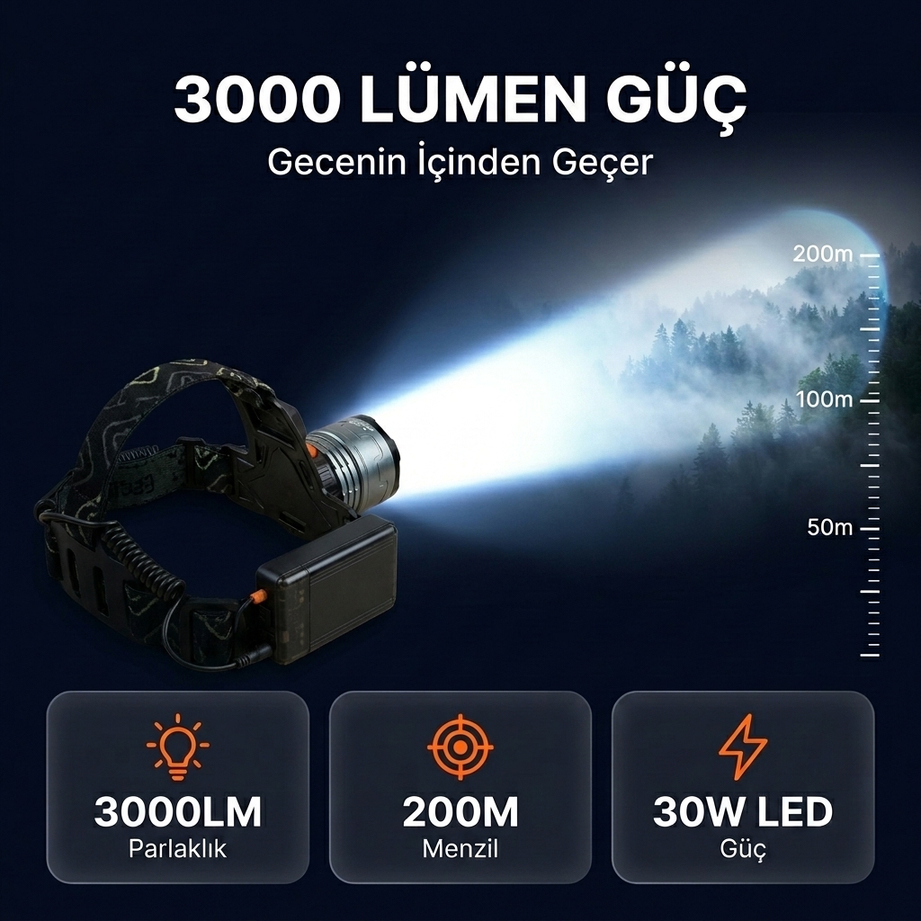 3000 LÜMEN Hareket Sensörlü Zoom Kafa Lambası USB Şarjlı Su Geçirmez Dijital Ekranlı - 6