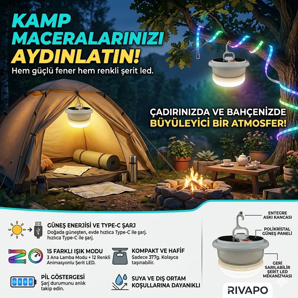Güneş Enerjili Şerit Ledli Kamp Lambası - 15 Farklı Işık Modu & Type-C Hızlı Şarj - 2