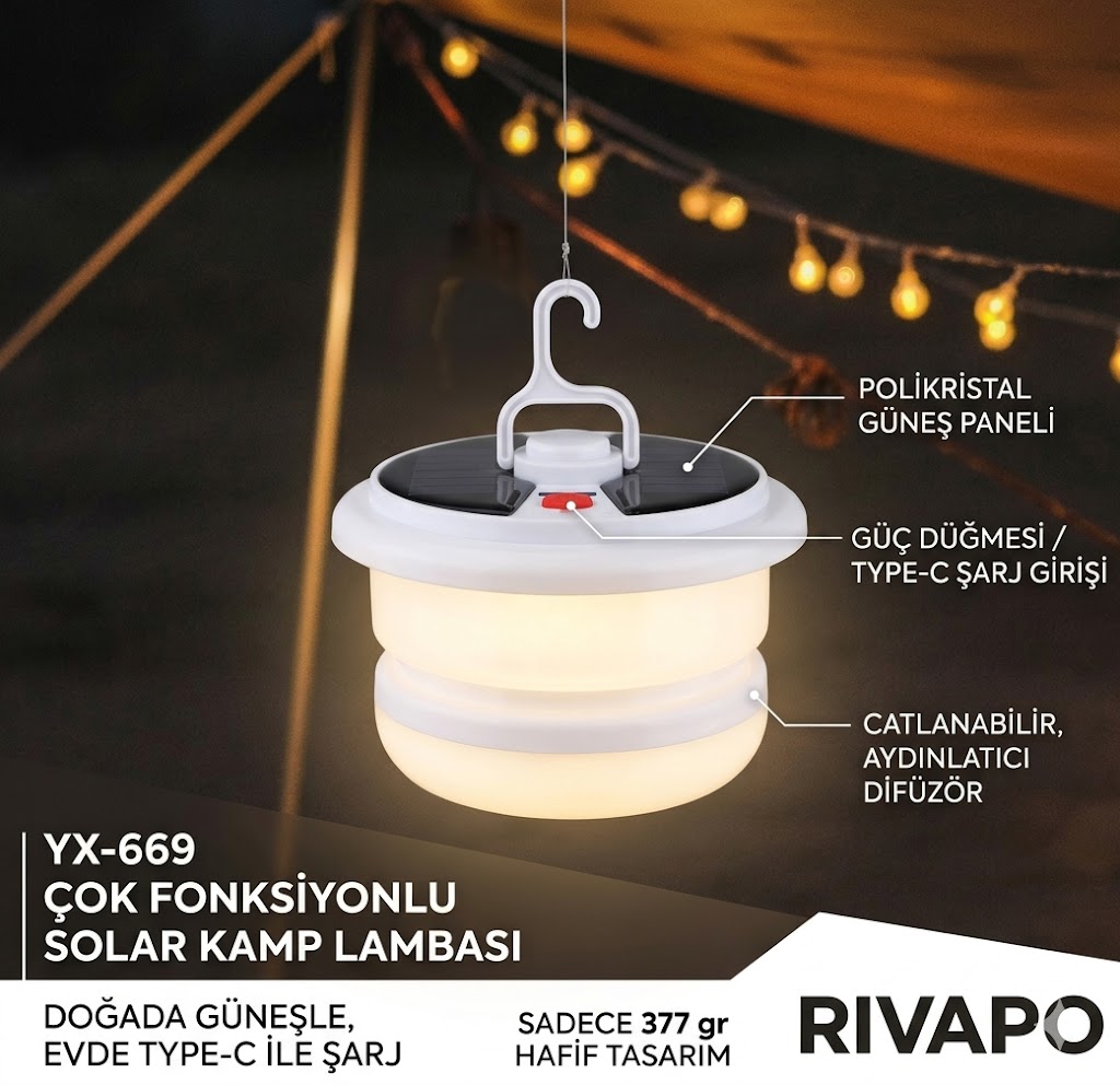 Güneş Enerjili Şerit Ledli Kamp Lambası - 15 Farklı Işık Modu & Type-C Hızlı Şarj - 3