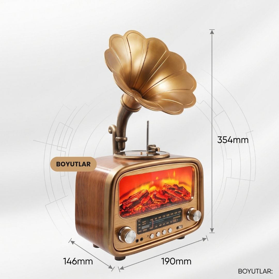 3D Hareketli Şömine Efektli Nostaljik Gramafon Radyo & Bluetooth Hoparlör - 4