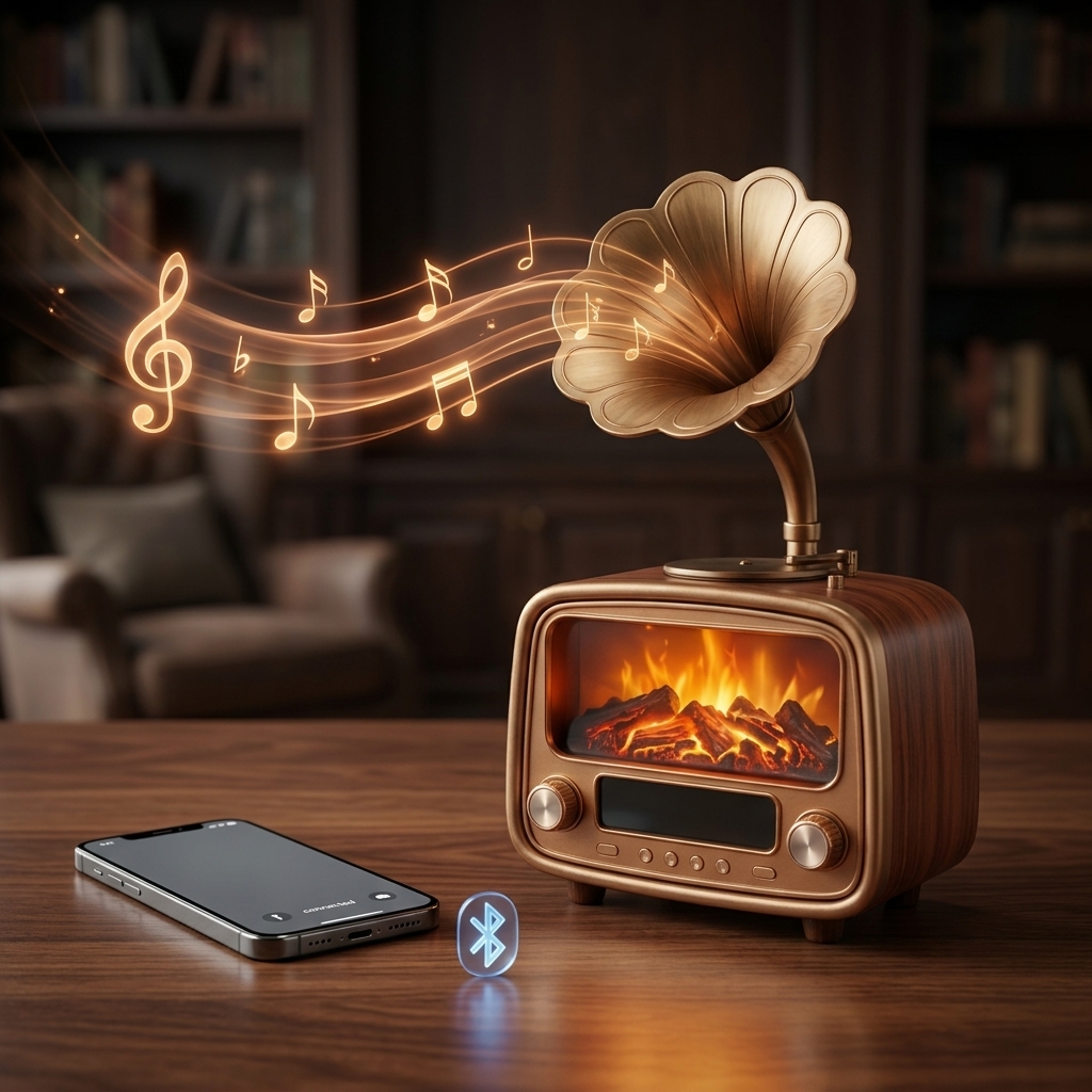 3D Hareketli Şömine Efektli Nostaljik Gramafon Radyo & Bluetooth Hoparlör - 3