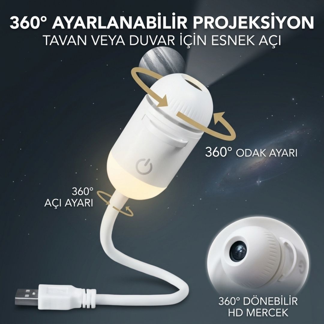 Esnek boyunlu USB projektör, 360 derece açı ve odak ayarı